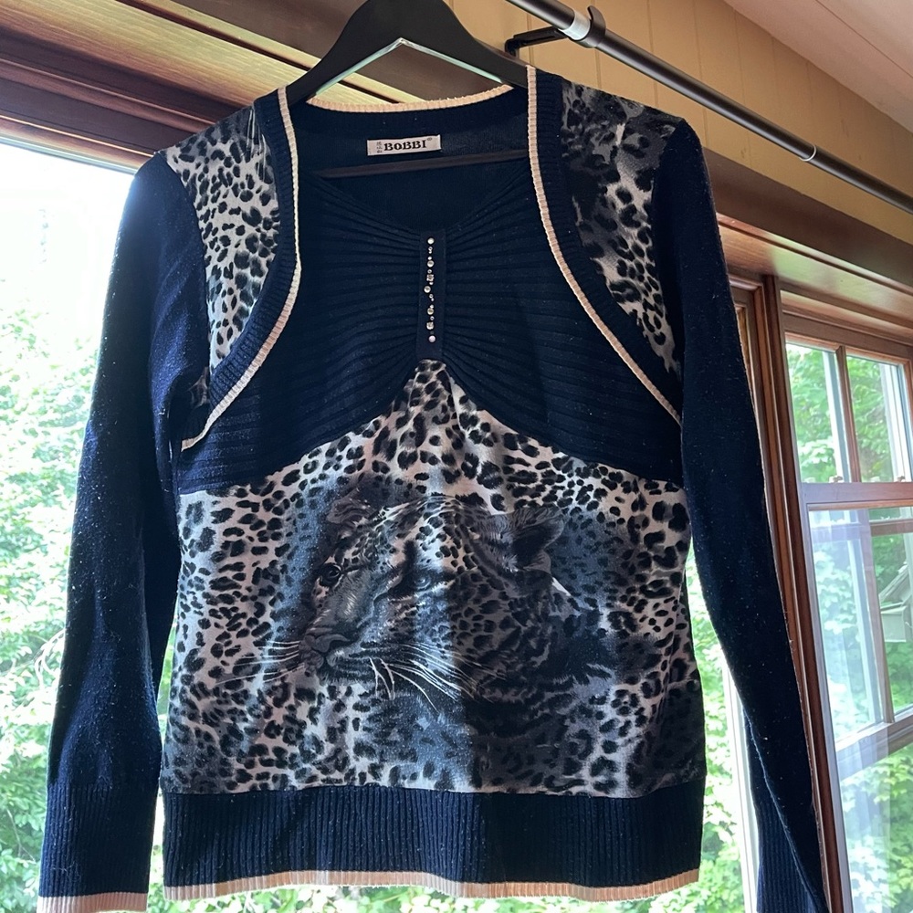 Blue and White Cardigan with Intricate Embroidery